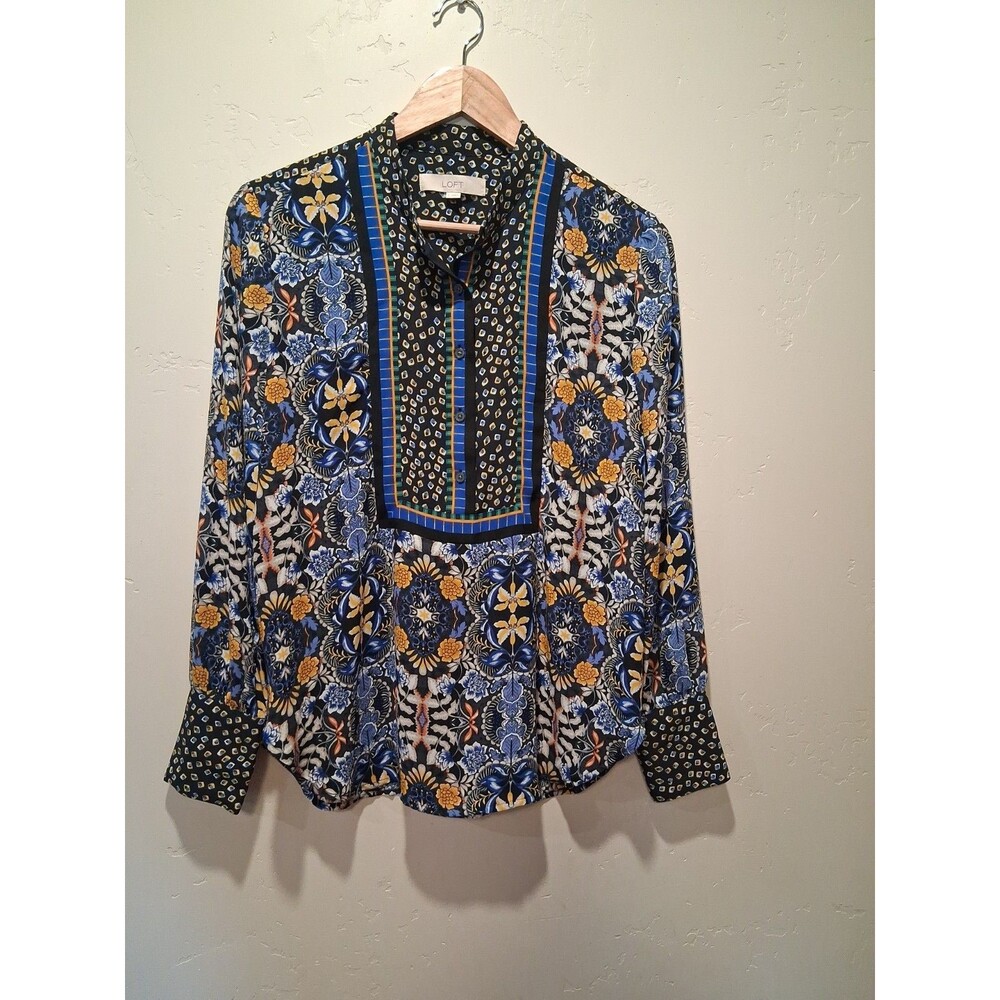 Loft S Blue Yellow Floral Paisley L/S Popover Tunic Fabric Covered Button Cuffs